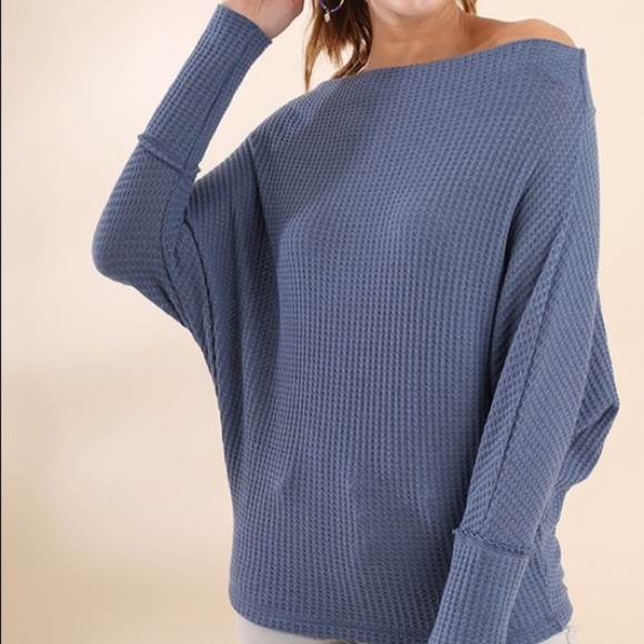 CLEARANCE Denim Blue Knit Off Shoulder Batwing Top - Picture 2 of 4